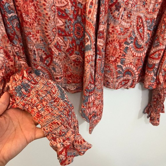 Free People Pink Floral Vista Dreams Smocked Tie V-Neck Oversized Top Blouse XS - Picture 8 of 8